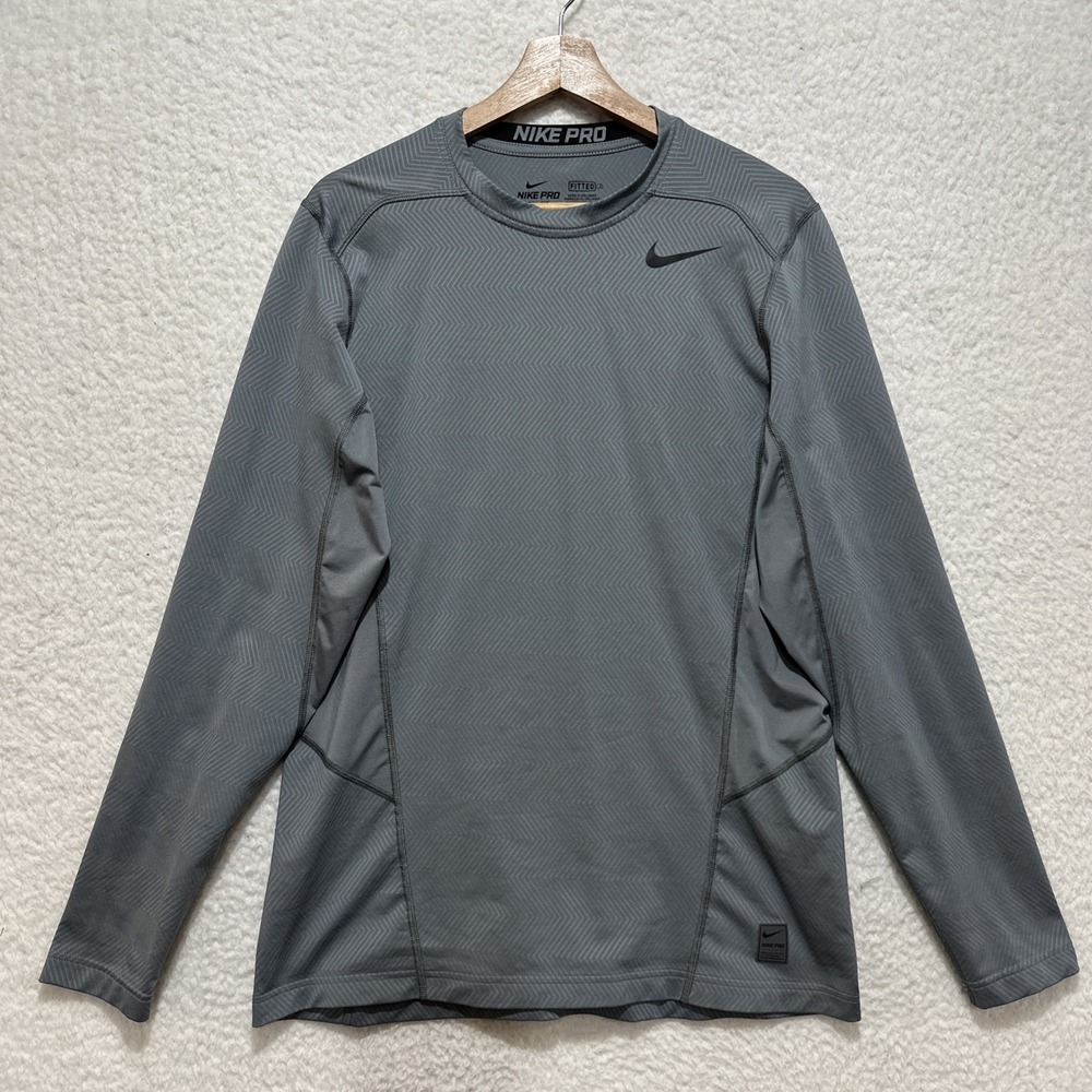 Nike Pro Men's Gray Dri Fit Fitted Long Sleeve Shirt Size‎ Large